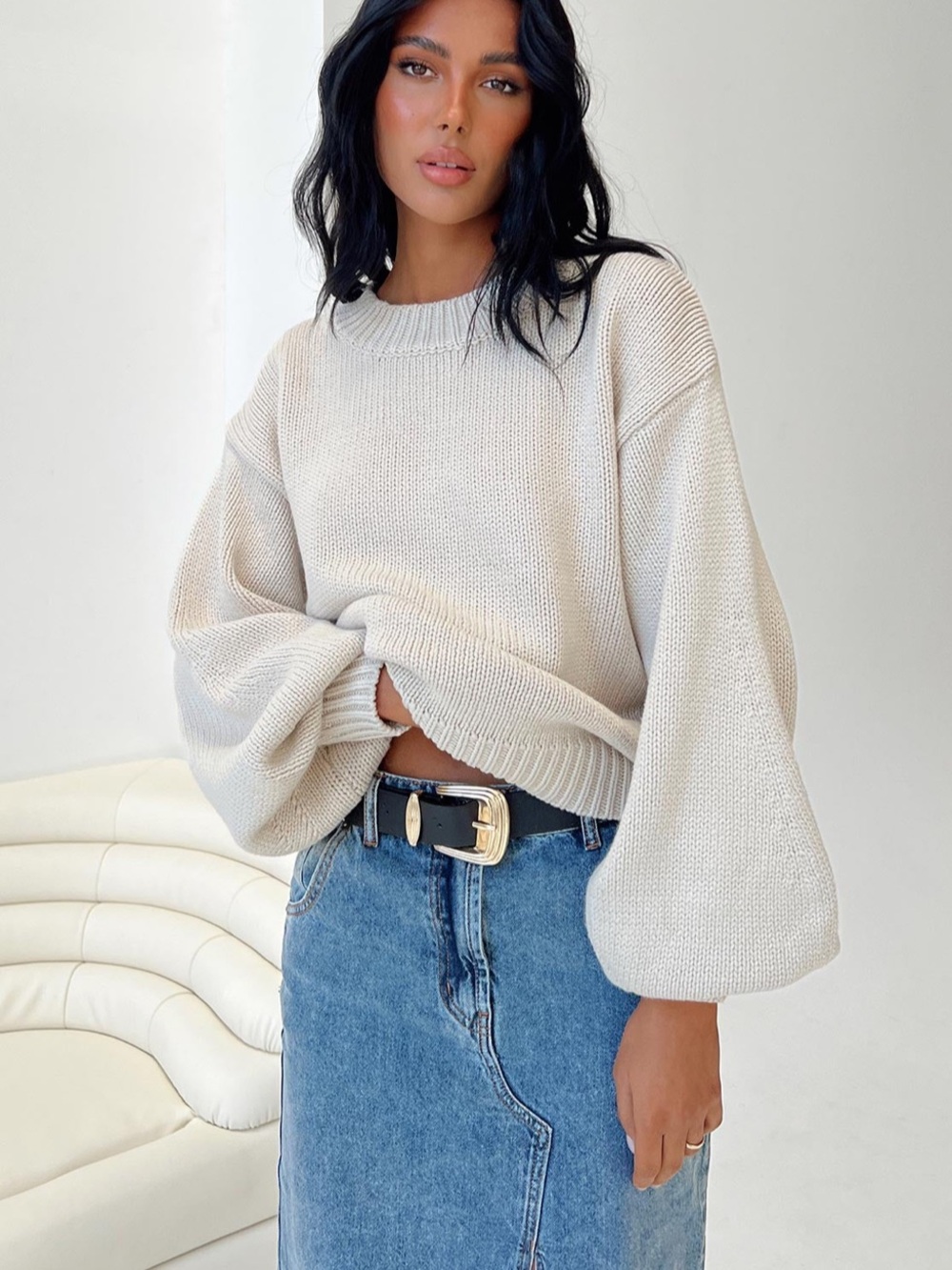 Princess Polly Harmony Balloon Sleeve Knit Sweater in Beige